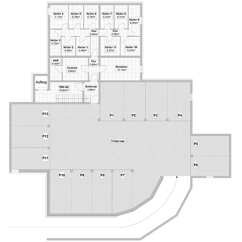 Apartment building with 11 residential units in 82140 Olching - Roggensteinerstraße 21 - Floor plan basement